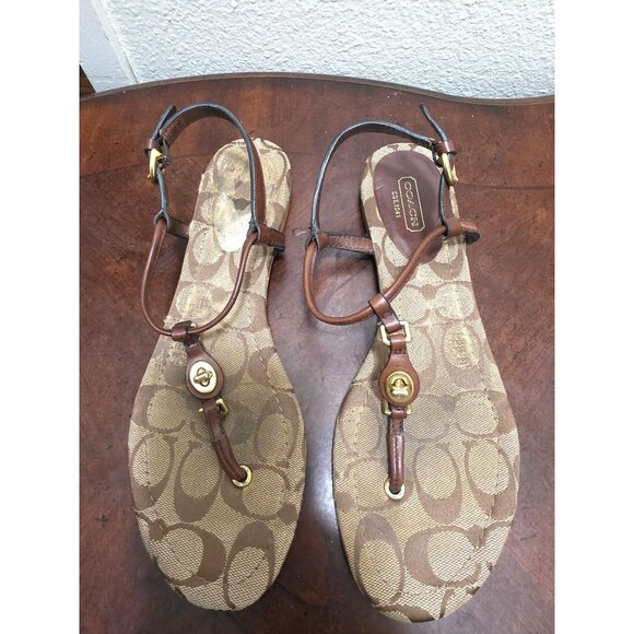 Coach Women's Signature Print Thong Sandals Brown/Gold Leather Size 8B - Picture 2 of 10